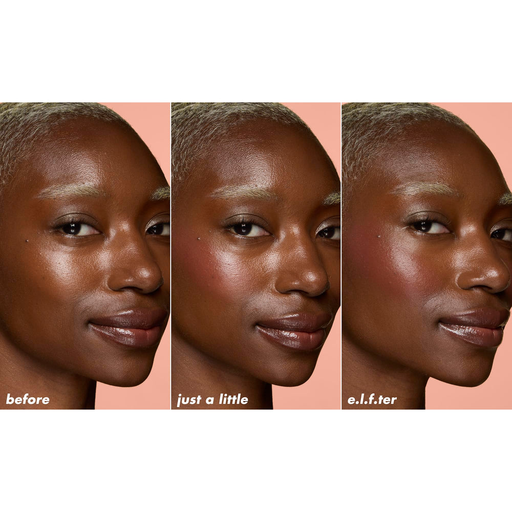 e.l.f. blending blush on cheek with fingers for natural seamless color
