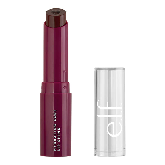 e.l.f. front packaging showing Ecstatic Deep Berry glossy tube and color payoff