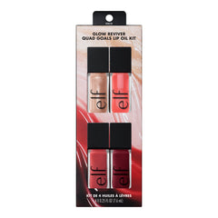 e.l.f. quad lip oil kit front view showing four glossy tubes and benefits
