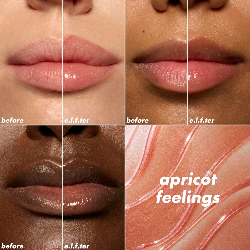 e.l.f. lip oil texture swipe showing high-shine, non-sticky finish benefit
