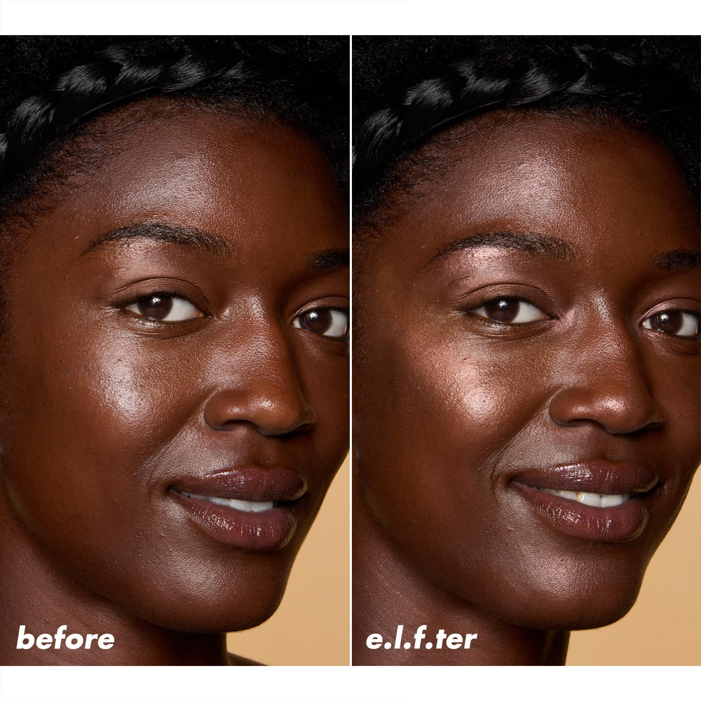 e.l.f. Halo Glow layered over beauty wand showing amplified luminosity and seamless blend