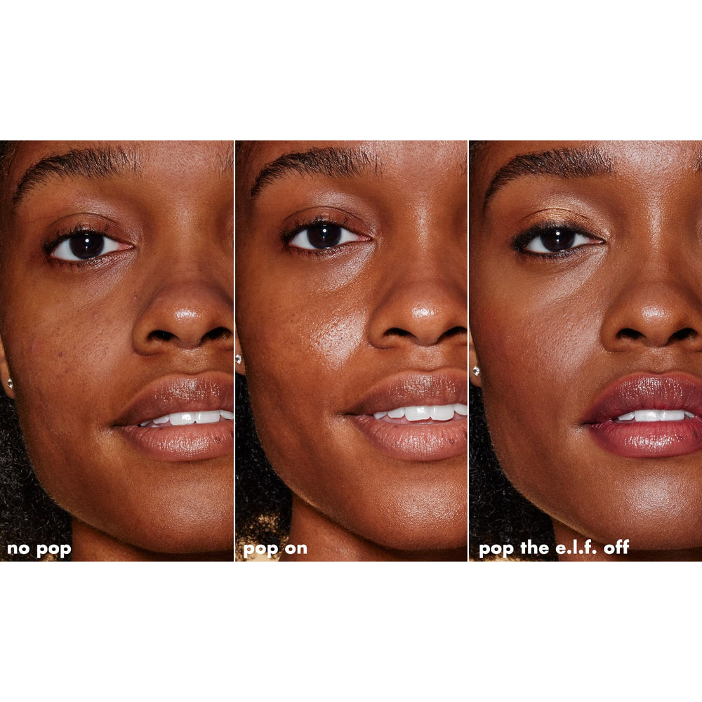 e.l.f. split-face before and after using primer showing improved makeup adherence