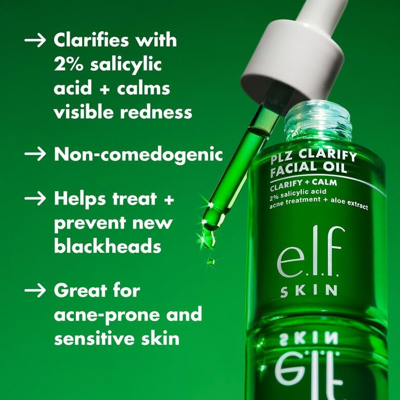 e.l.f. PLZ Clarify Facial Oil next to coin shows 1 oz size for scale