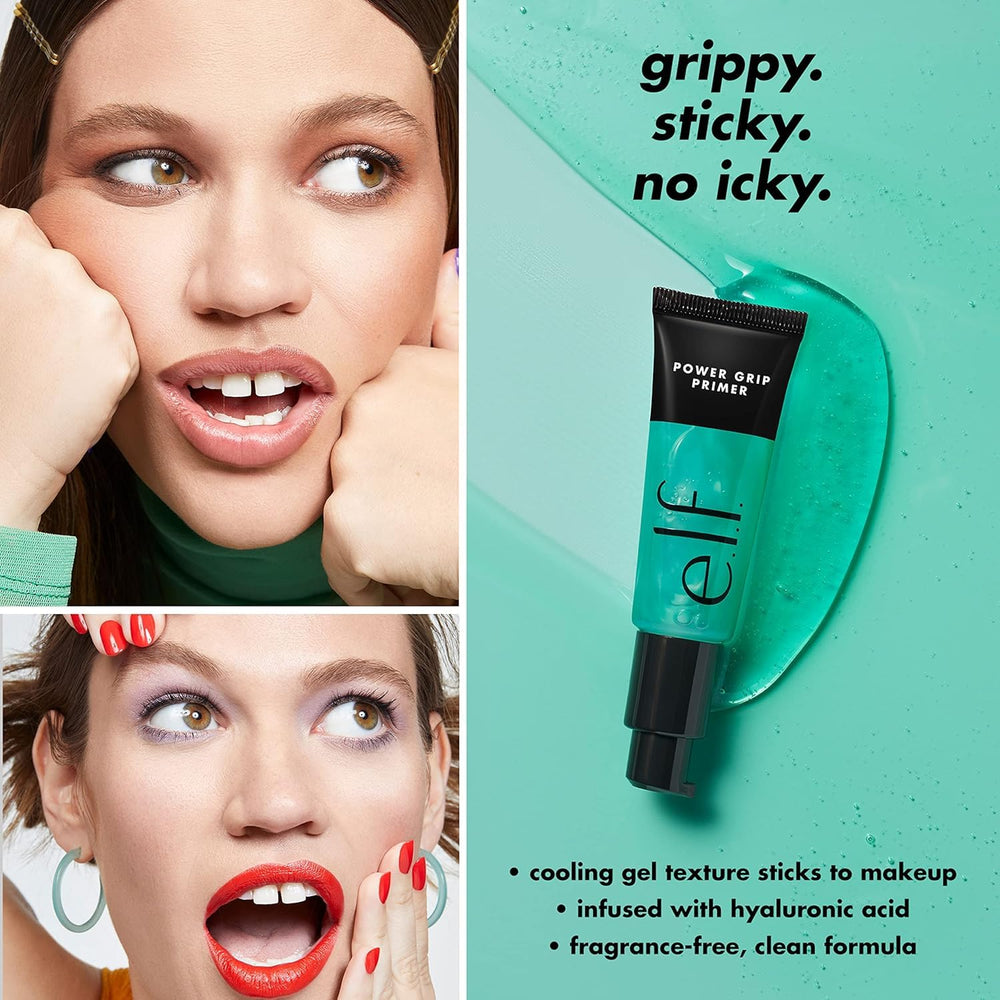 e.l.f. Power Grip Primer Mini tube dispensing gel illustrating easy controlled application