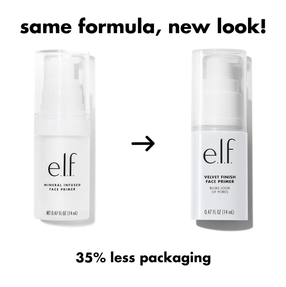 e.l.f. primer next to foundation illustrating compact, travel-friendly size
