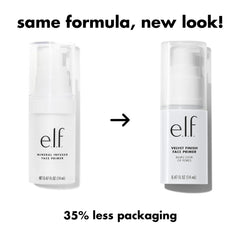 e.l.f. primer next to foundation illustrating compact, travel-friendly size