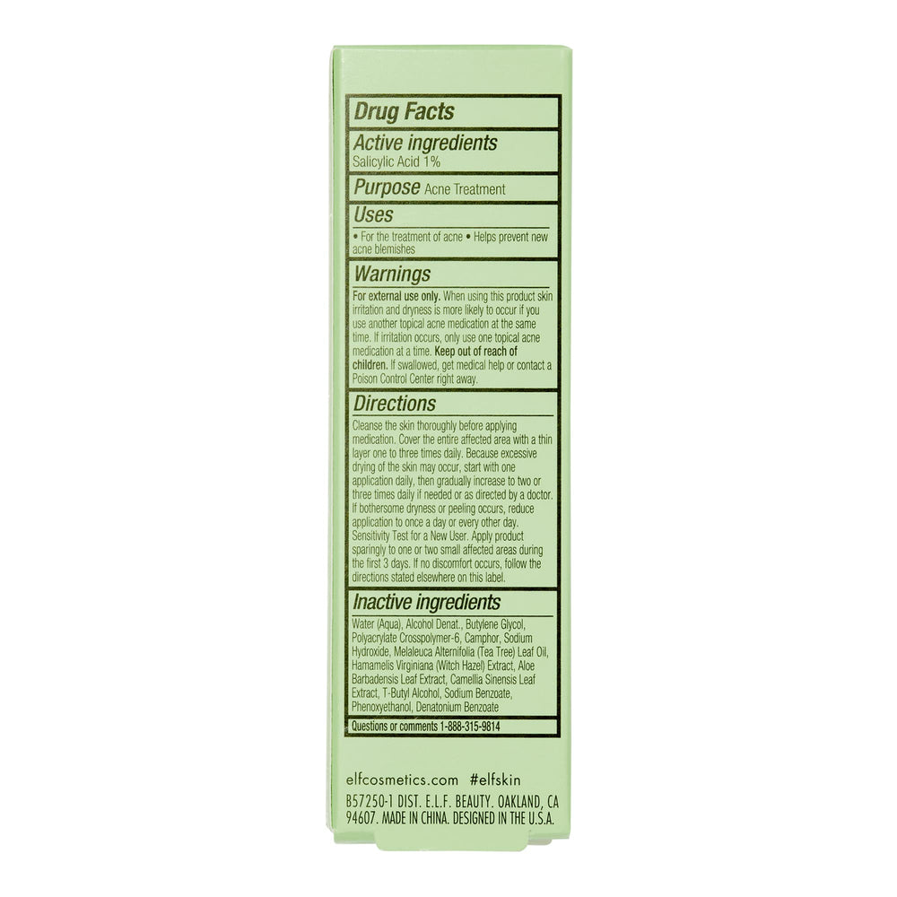 e.l.f. bottle with size and ingredient label visible emphasizing 1% salicylic acid benefits