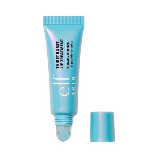 e.l.f. SKIN Thirst Burst front packaging shows clear balm and blue hibiscus scent benefit