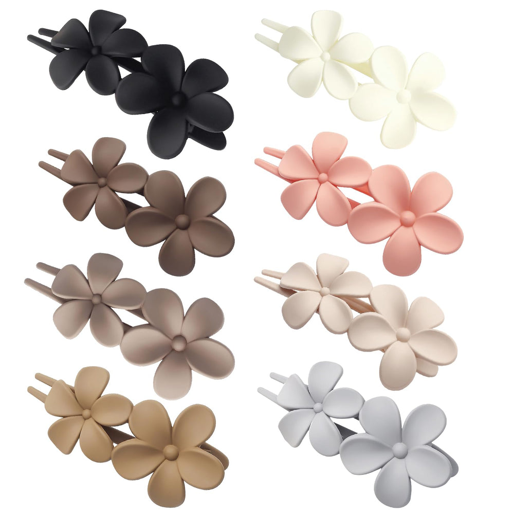 Eliongpu front view of eight matte flower flat hair clips showing color variety and secure hold
