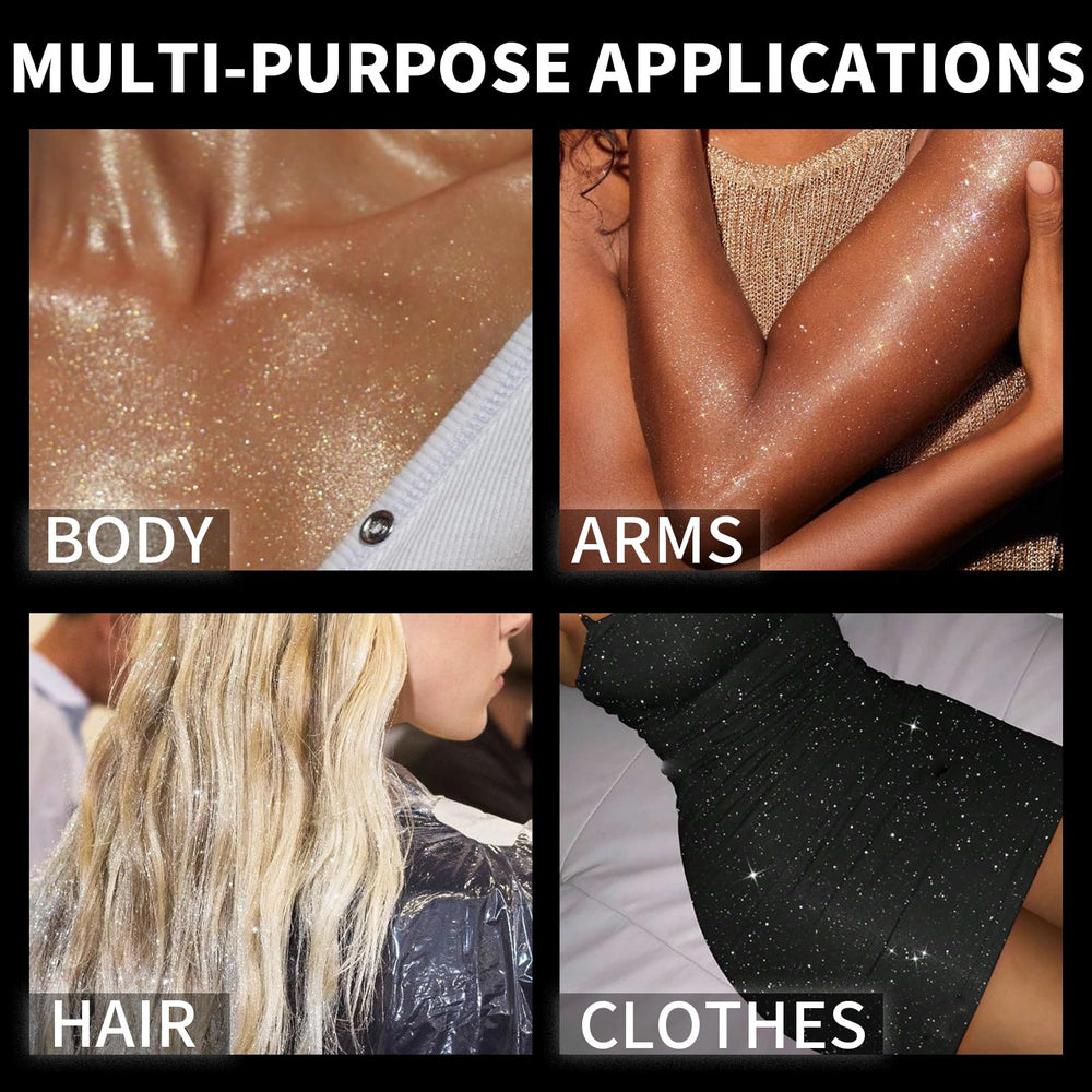 Elitles Made body shimmer on shoulder demonstrating breathable glitter finish benefit