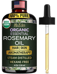 Ella & Eden front bottle showing organic rosemary oil and glass dropper benefit purity