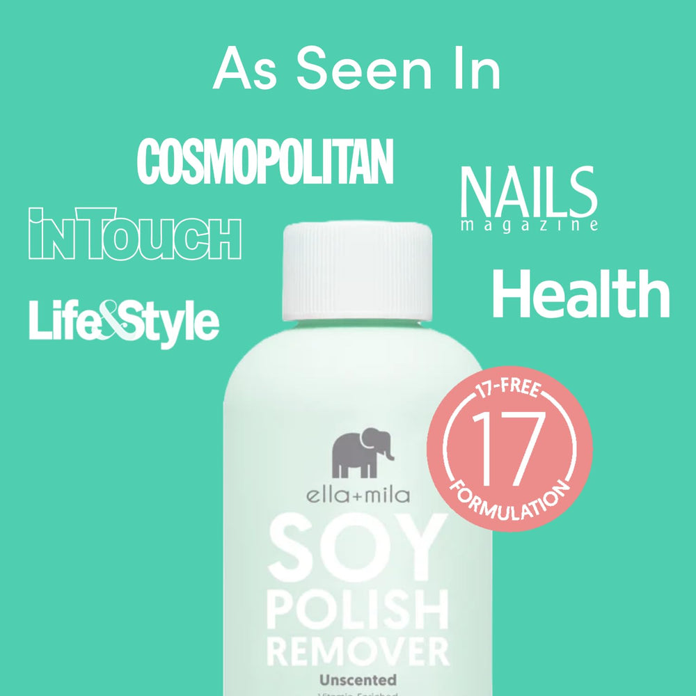 ella+mila closeup label highlighting non-acetone, unscented benefits