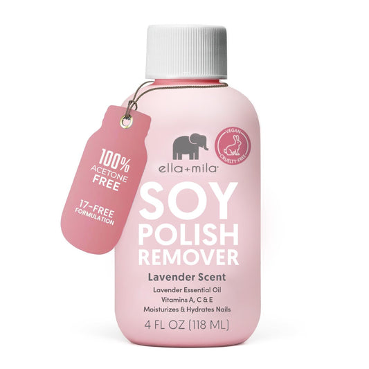 ella+mila bottle front label showing gentle non-acetone remover benefit