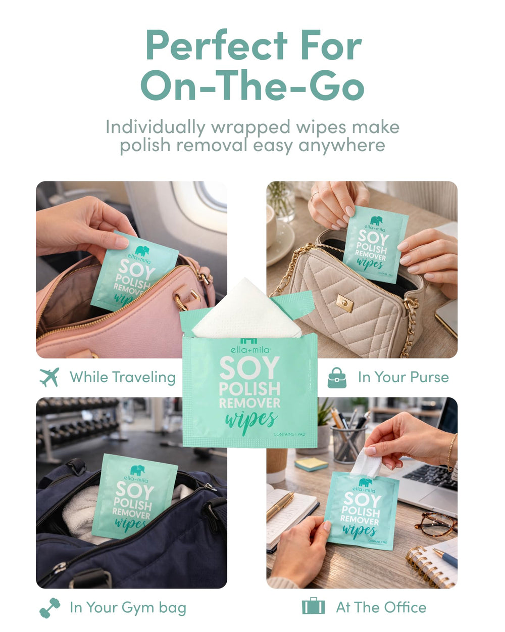 ella+mila wipe in hand removing polish illustrating easy application and mess-free use