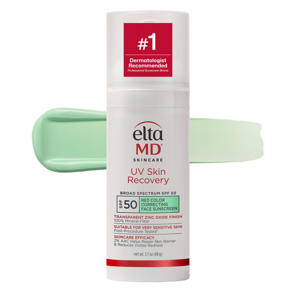 EltaMD front pump bottle showing product name and compact travel design benefit