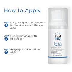 Applying EltaMD Renew Eye Gel under eye demonstrating smoothing and brightening benefit