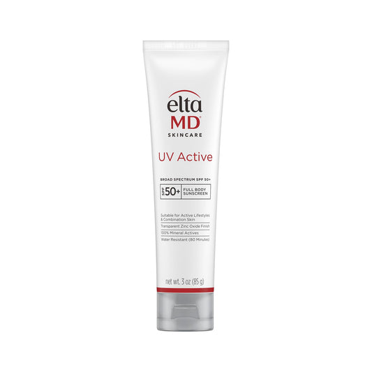 EltaMD UV Active front tube showing branding and SPF 50+ protection benefits