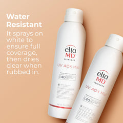 Person applying EltaMD mist at beach for easy sun protection on outings