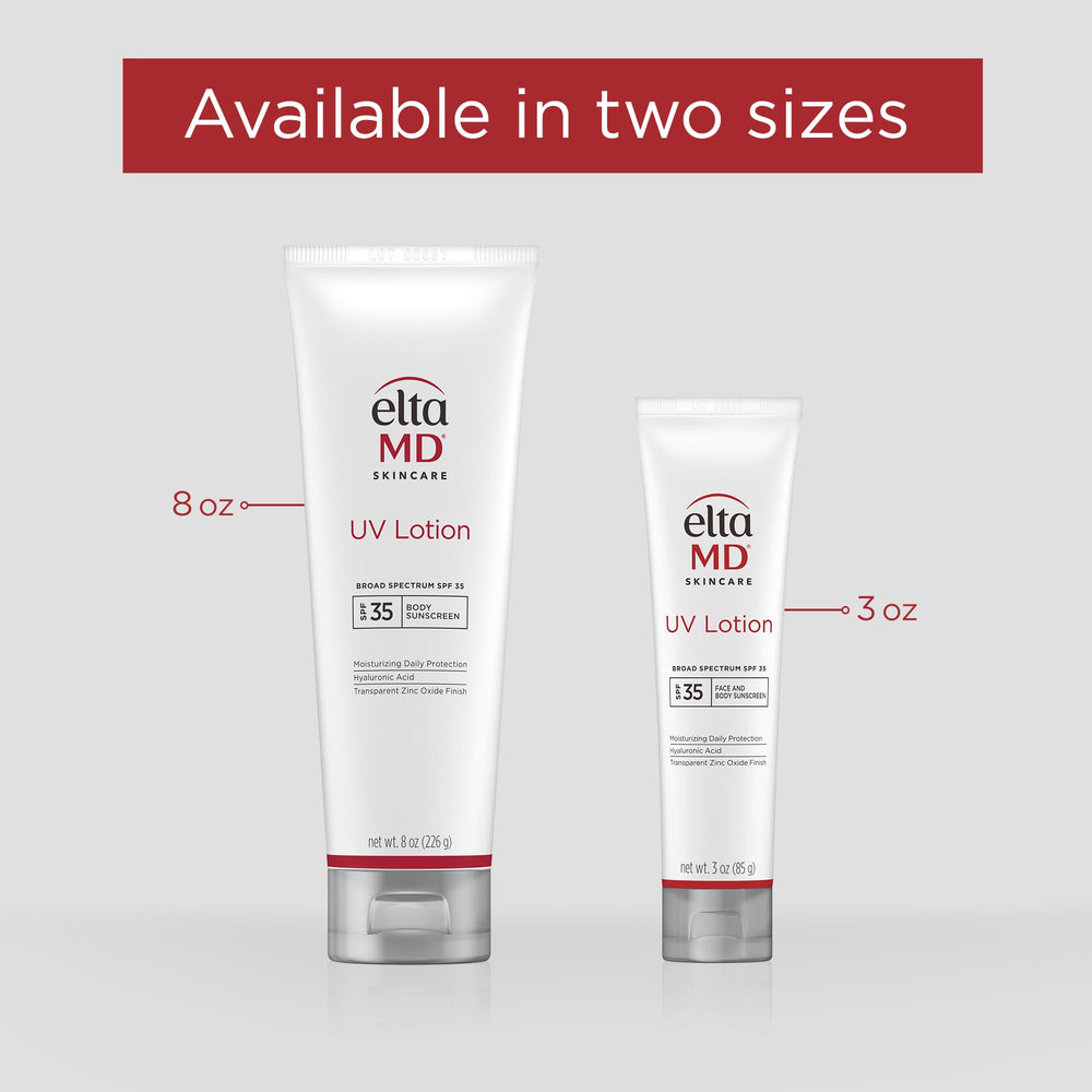 EltaMD UV Lotion 3.0 oz beside a hand for scale to show travel-friendly size