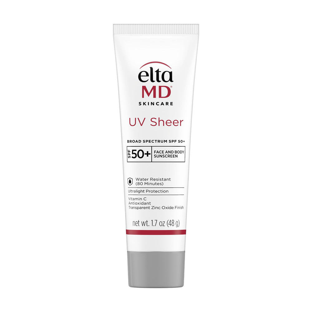EltaMD UV Sheer front tube showing label and pump, convenient protection