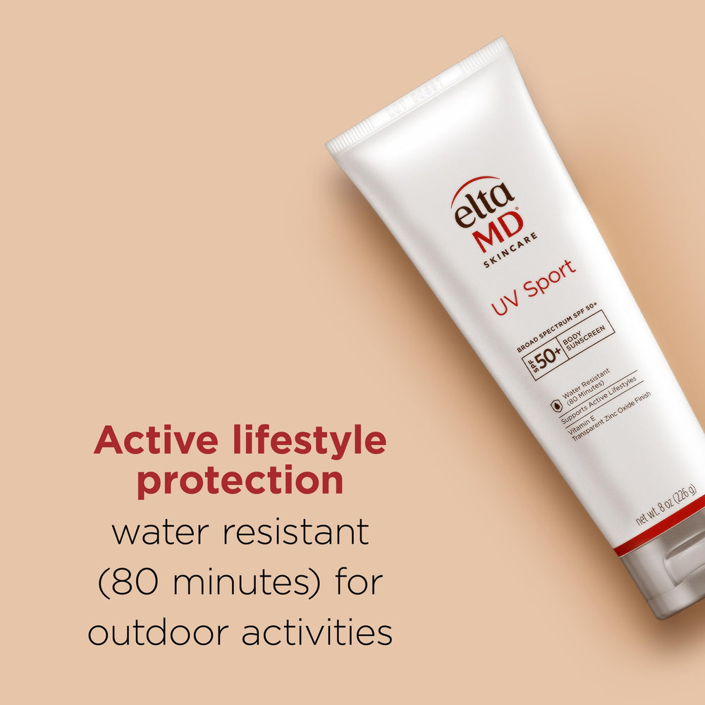 EltaMD label close-up highlighting SPF 50 and water-resistant claim