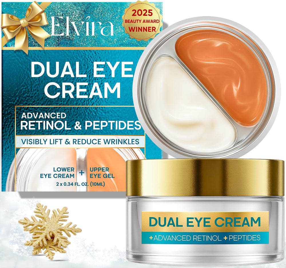 Elvira dual eye cream jar front view showing packaging and benefit of targeted lifting