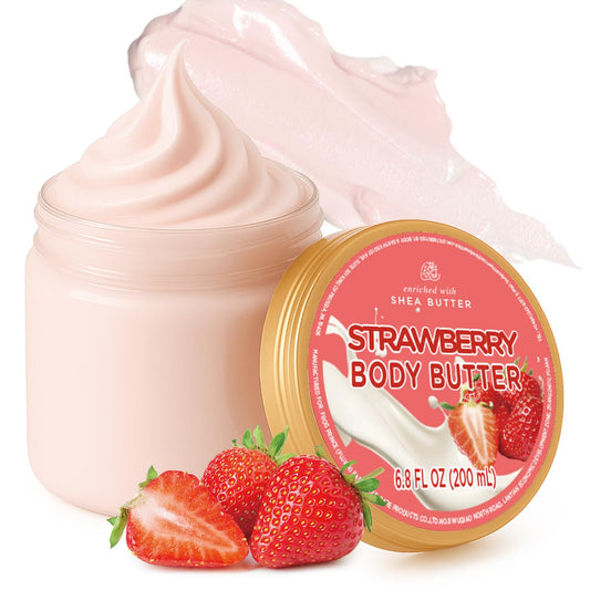 Embleaf jar front view showing strawberry body butter and moisturizing benefit