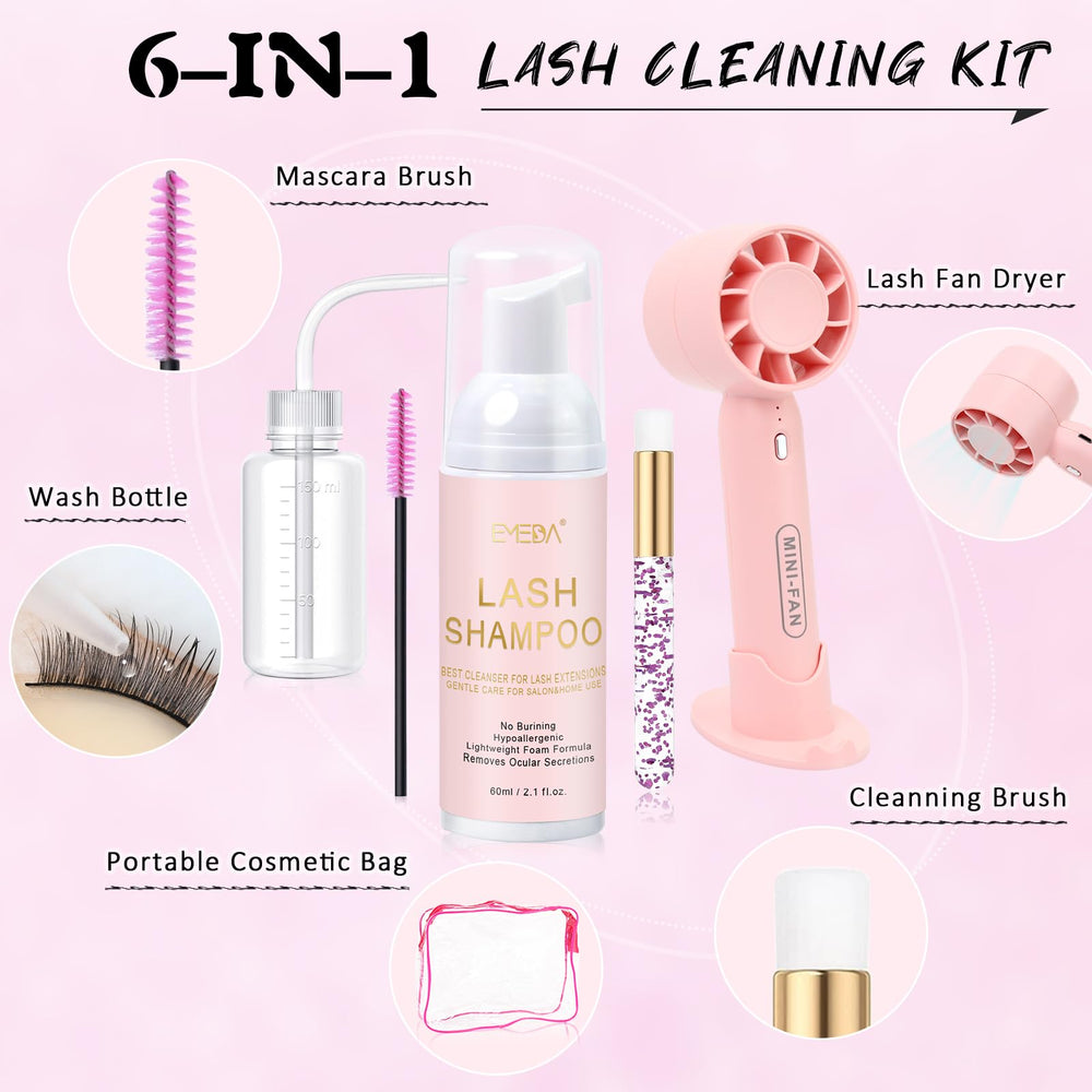 EMEDA lash shampoo bottle close-up highlighting gentle oil-free formula benefit