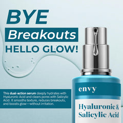 Envy dropper close-up dispensing clear serum, demonstrates precise application and lightweight texture
