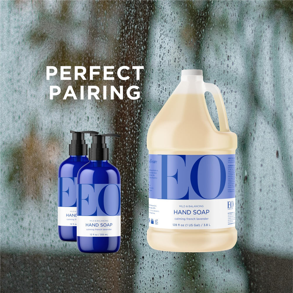 EO 128 oz bottle beside everyday items showing large refill convenience benefit