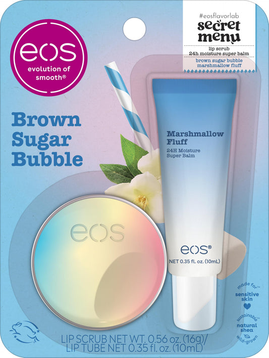 eos Brown Sugar Bubble lip scrub front packaging showing flavor and use benefits