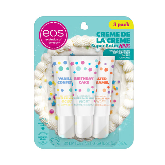 eos front packaging showing three limited-edition tubs and product variety benefit