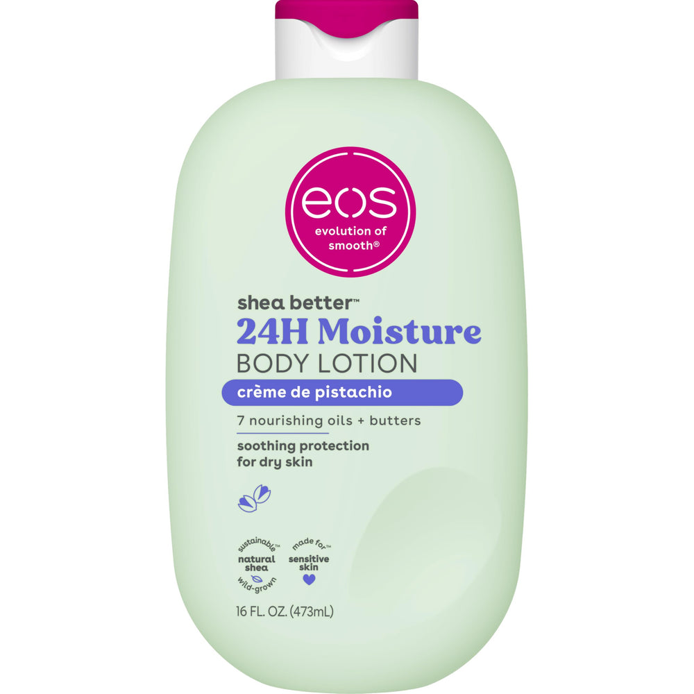 eos front bottle showing label and pistachio scent benefit moisturizes
