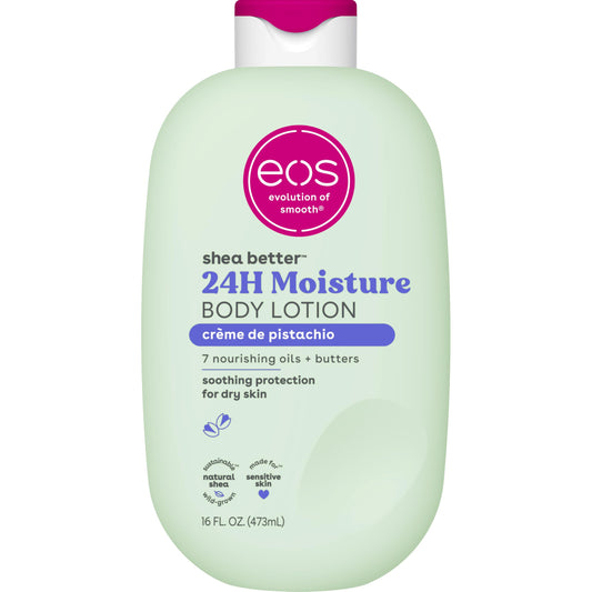 eos front bottle showing label and pistachio scent benefit moisturizes