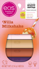 eos front packaging showing four 'Nilla Milkshake' balms and stickers for gifting benefit