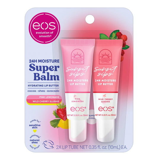 eos front packaging showing Pink Lemonade and Wild Cherry Slushie, highlights portability