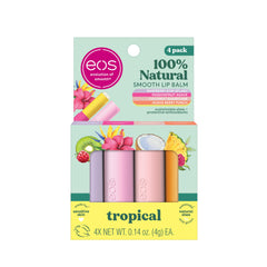 eos front packaging showing four tropical lip balm sticks and benefits