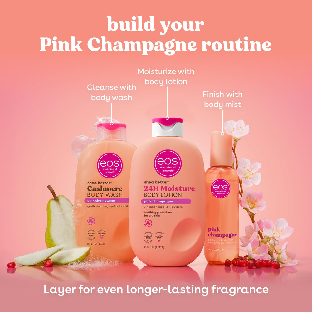 eos Pink Champagne bottle on shower shelf demonstrating everyday use and convenience