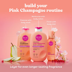eos Pink Champagne bottle on shower shelf demonstrating everyday use and convenience
