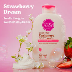 eos pump close-up of Strawberry Dreams bottle for easy dispensing benefit