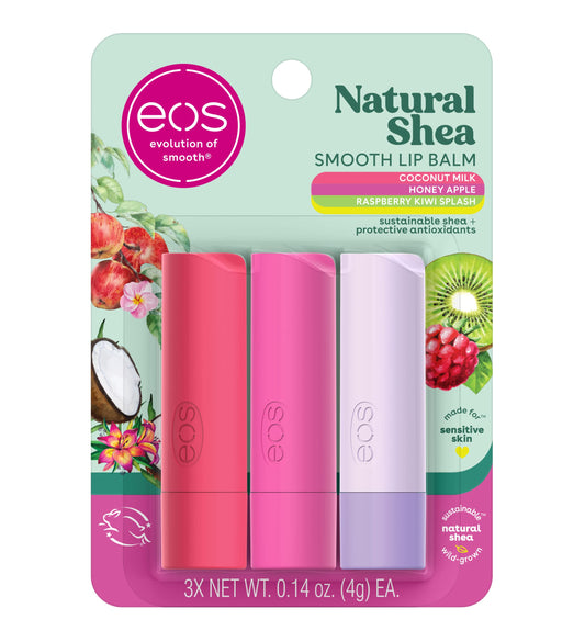 eos three-pack front view showing all three flavor tubes and packaging benefit moisture