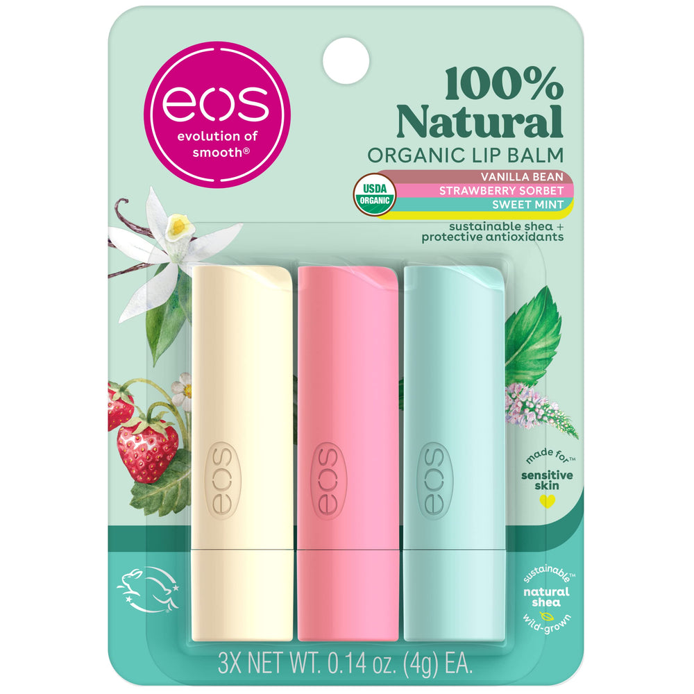 eos trio front packaging showing three flavors and organic label for convenient selection