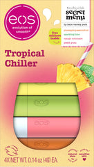 eos tropical chiller front packaging showing four flavored balms, colorful gift-ready set