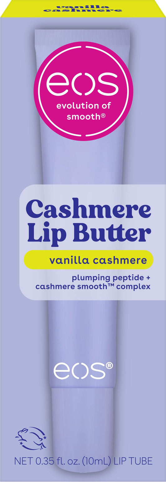 eos Vanilla Cashmere tin front view showing compact, travel-ready packaging and cozy flavor