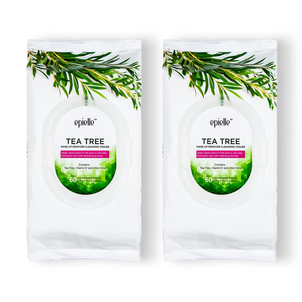 Epielle front packaging showing tea tree wipes and benefits