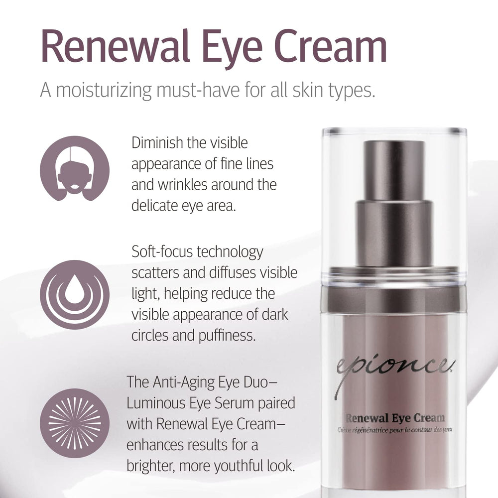 Epionce Renewal Eye Cream opened to reveal smooth cream texture and hydration