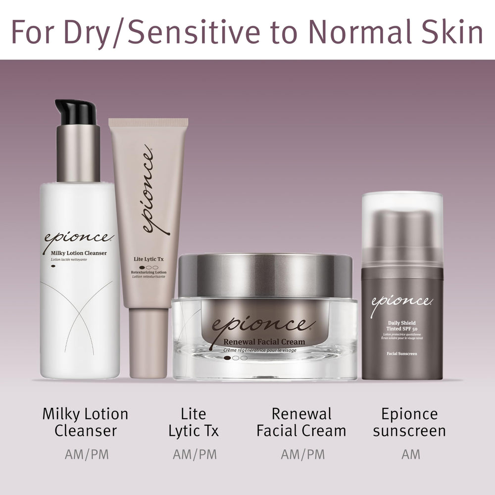 Daytime use of Epionce Renewal Facial Cream under sunscreen for hydrated protection