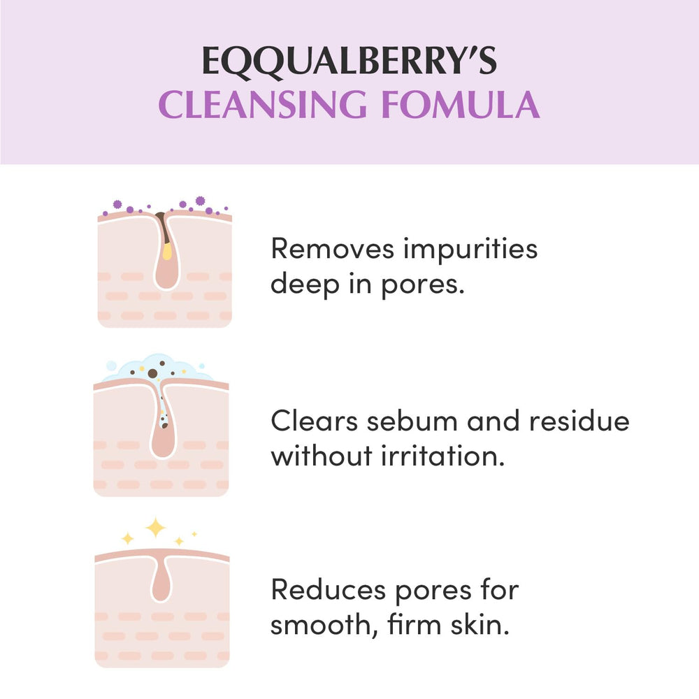 EQQUALBERRY applied as clay mask on cheek, deep-cleaning pore benefit