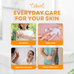 Flatlay of Erbaid calendula ingredients including calendula and oils showing natural formulation transparency