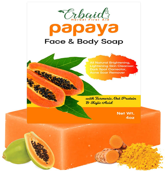Erbaid papaya soap front bar showing clean packaging and benefits